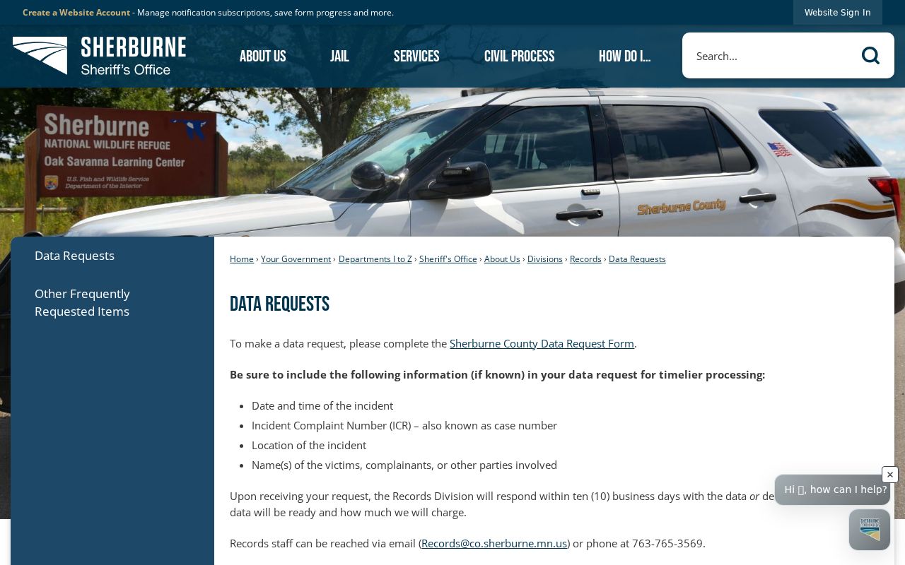 Sherburne County Sheriff data request page for warrant record requests