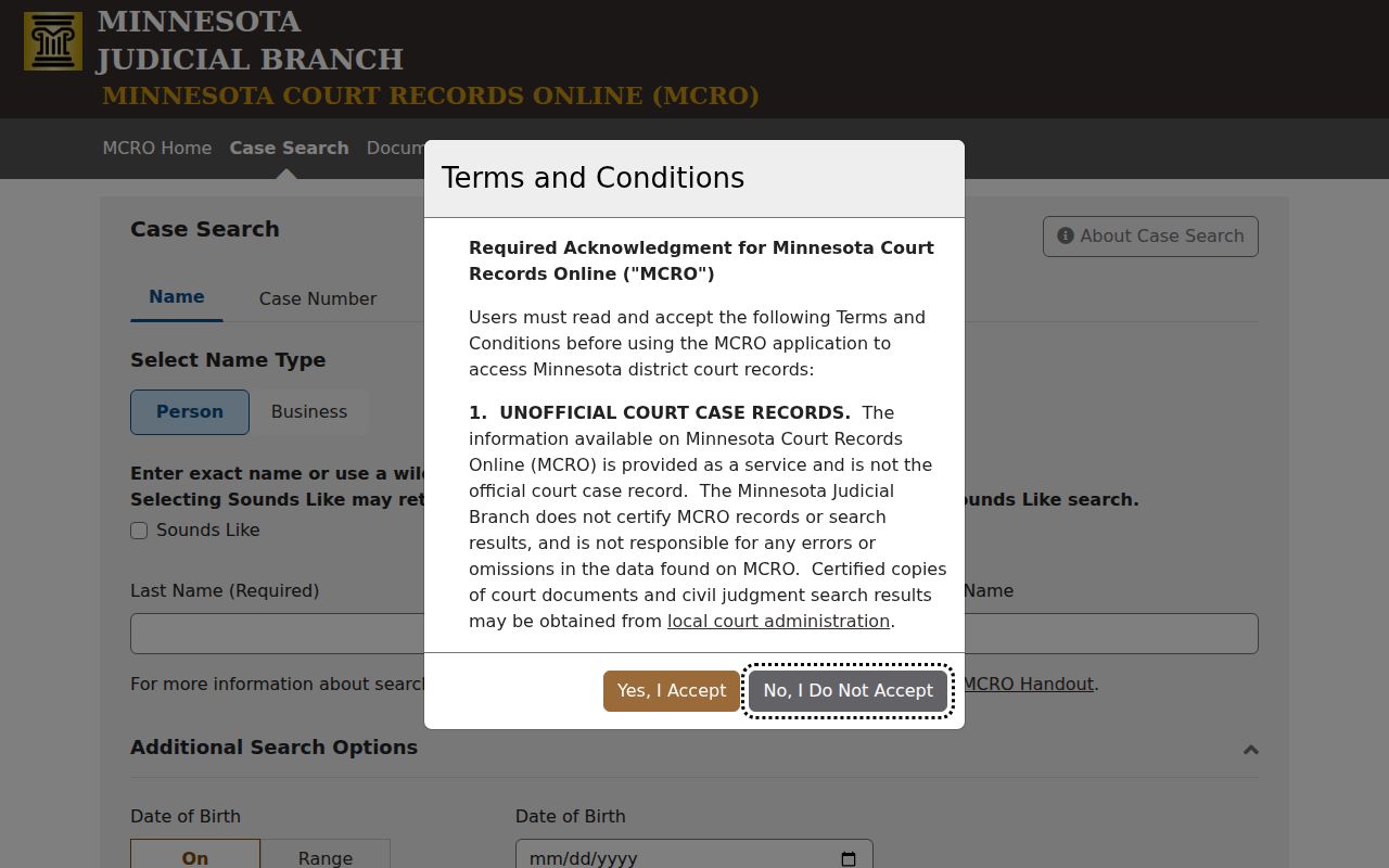 MCRO case search page for Sherburne County warrant records research