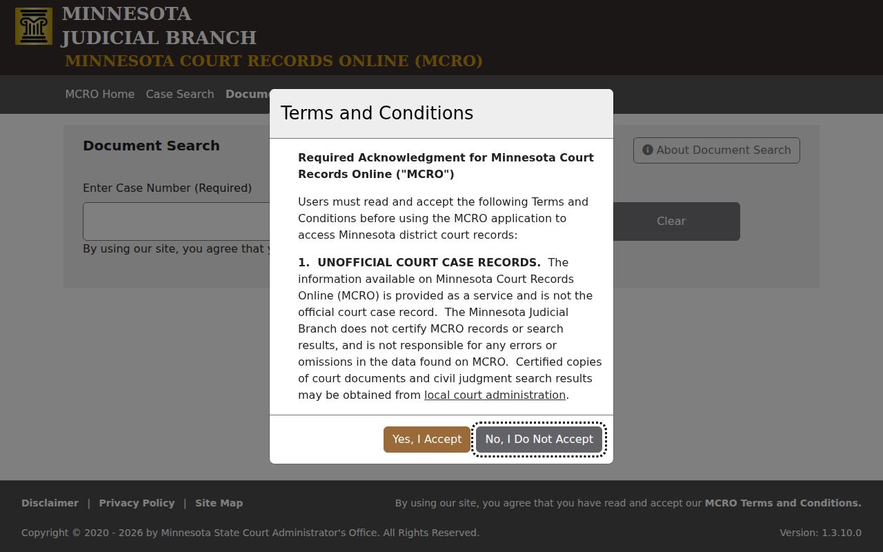 MCRO document search page for locating Sherburne County bench warrant documents