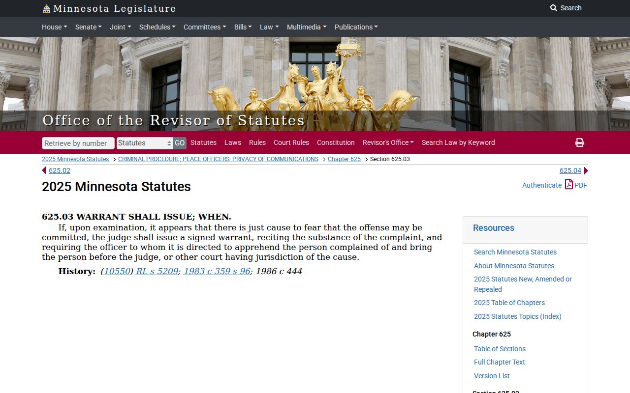 Minnesota statute 625.03 on judge issued arrest warrants for Sherburne County