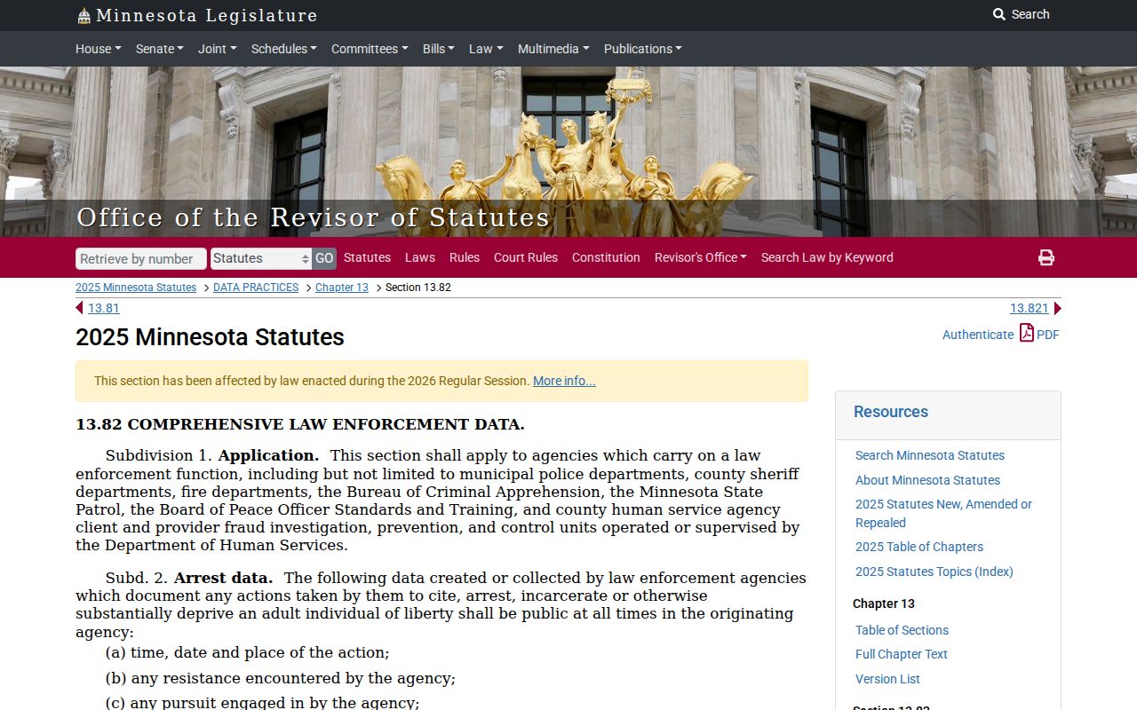 Minnesota Statute 13.82 page used for Sherburne County active warrant records