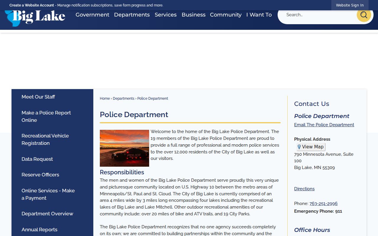 Big Lake Police Department contact page relevant to Big Lake warrant records