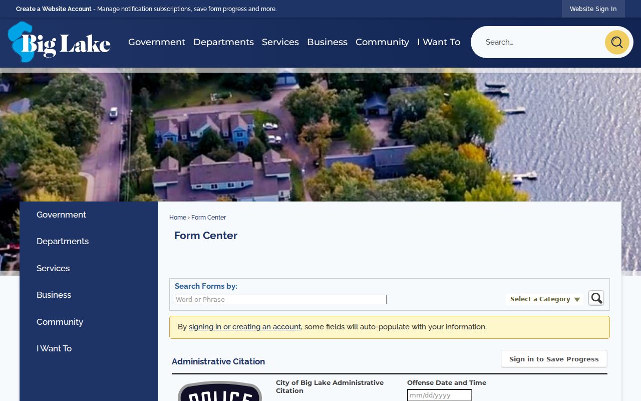 Big Lake administrative citation form in the Sherburne County warrant records system