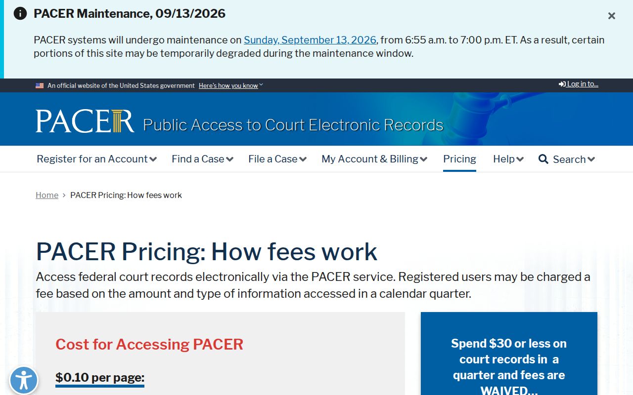 PACER pricing page for federal warrant records searches in Minnesota