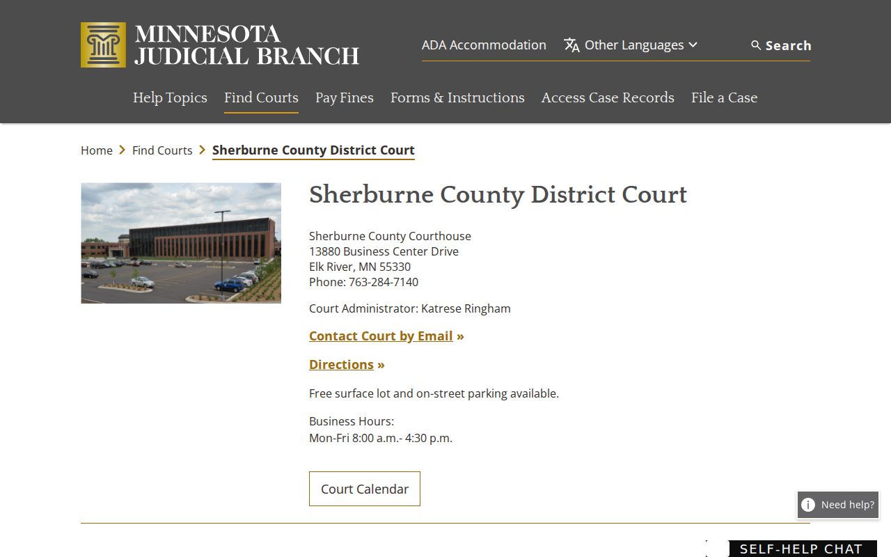 Sherburne County District Court information page for warrant records questions